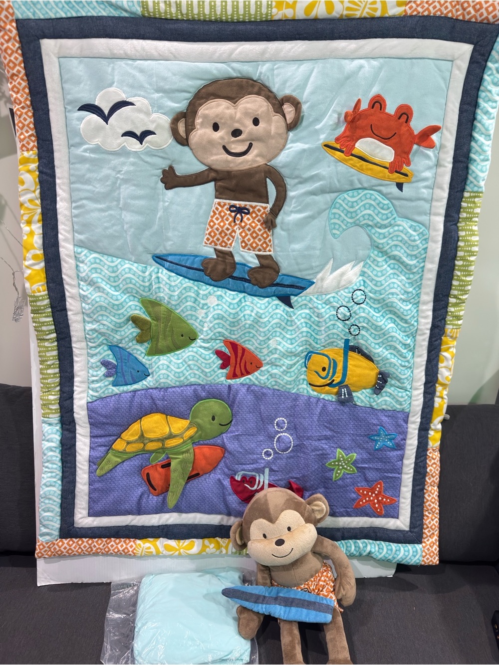 Carter's Light Blue Monkey Surf Play Quilt with Plush Monkey
